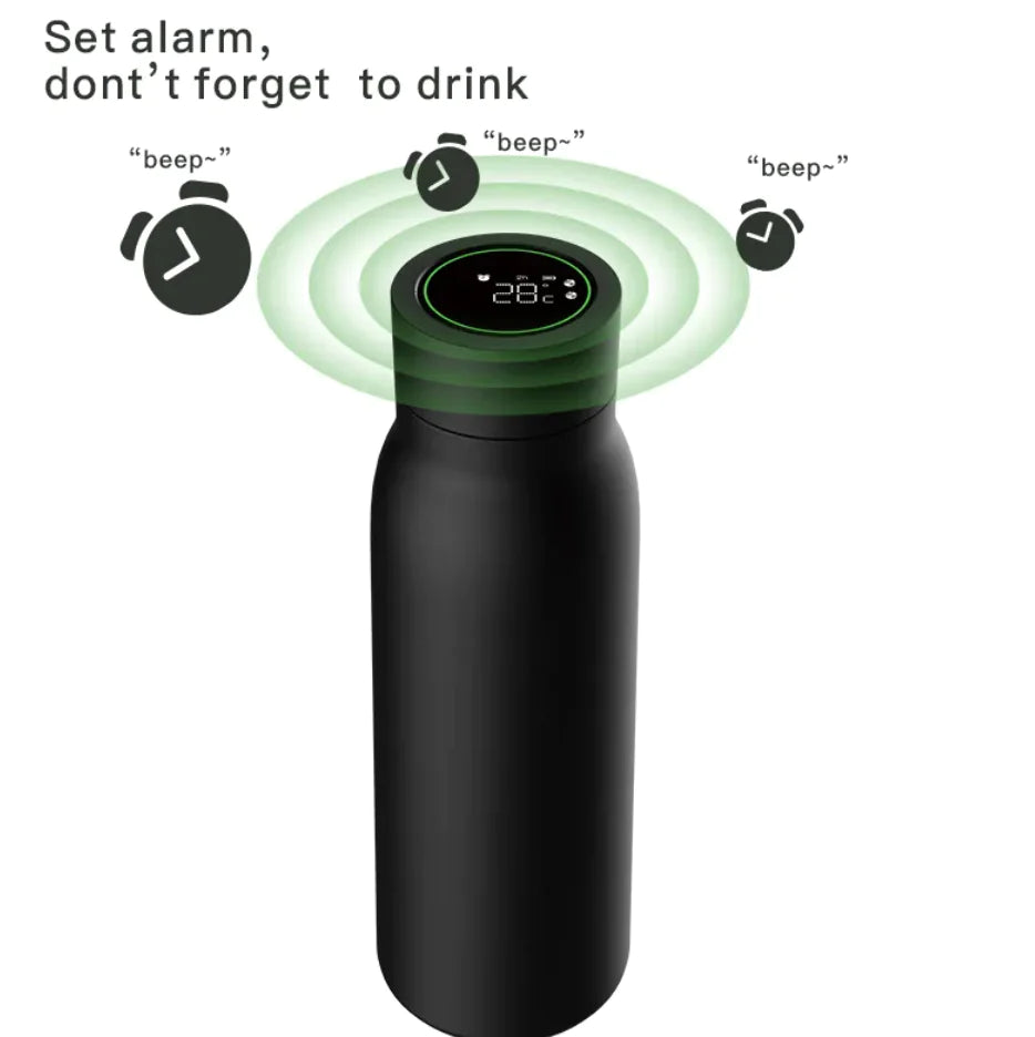 Smart drikkeflaske med temperaturdisplay og innebygd drikkealarm