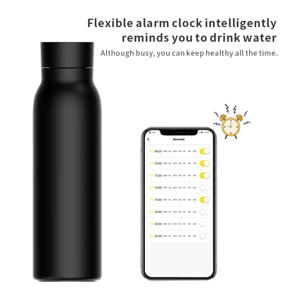 Smart drikkeflaske med temperaturdisplay og innebygd drikkealarm