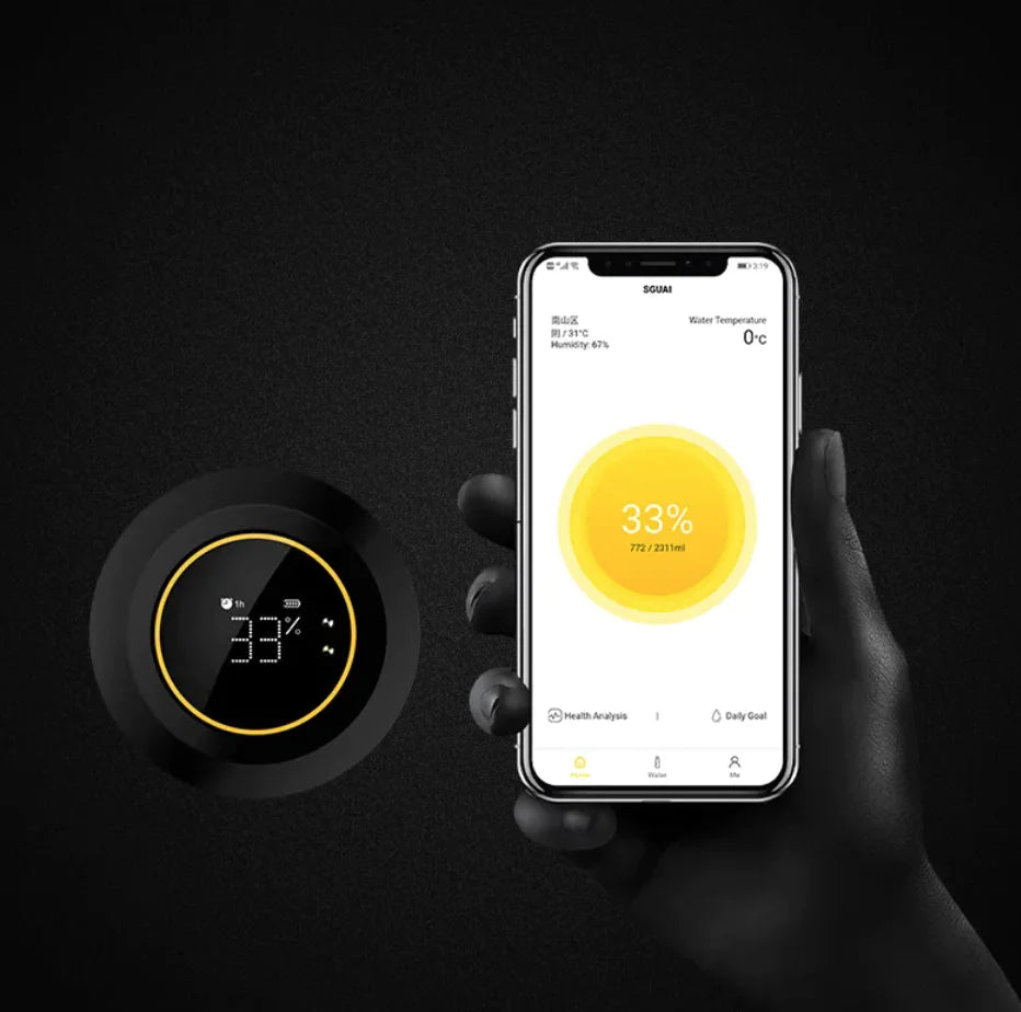 Smart drikkeflaske med temperaturdisplay og innebygd drikkealarm