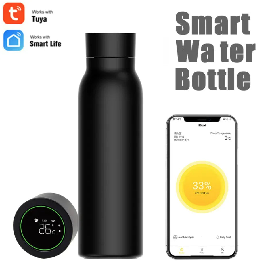 Smart drikkeflaske med temperaturdisplay og innebygd drikkealarm