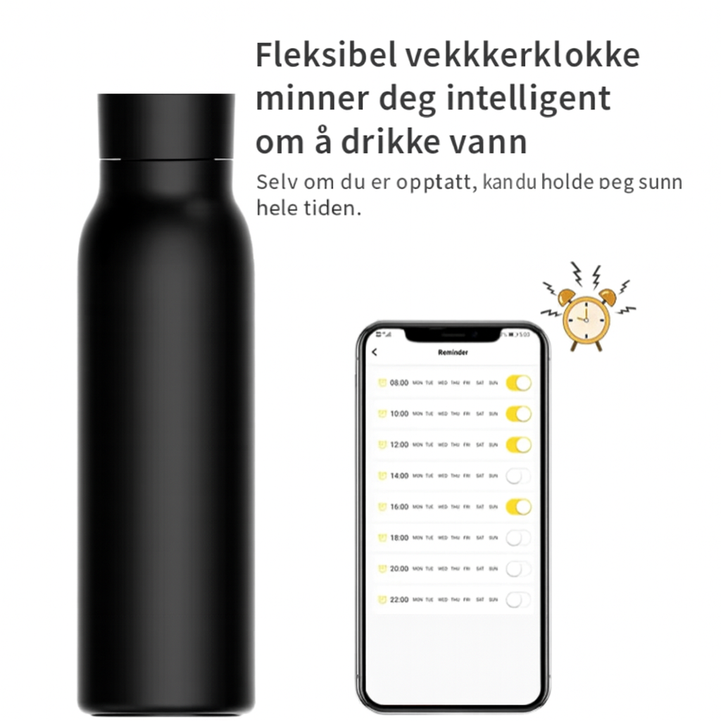 Smart drikkeflaske med temperaturdisplay og innebygd drikkealarm