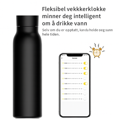 Smart drikkeflaske med temperaturdisplay og innebygd drikkealarm