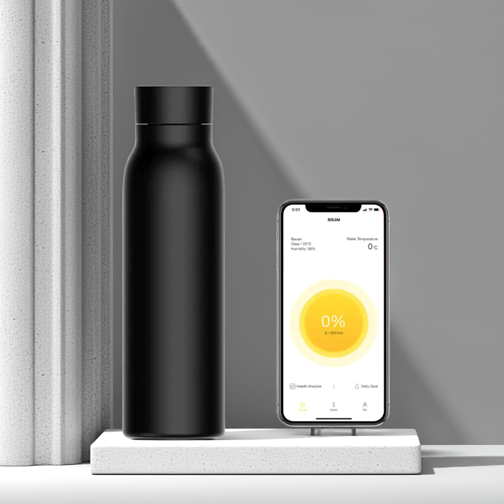 Smart drikkeflaske med temperaturdisplay og innebygd drikkealarm