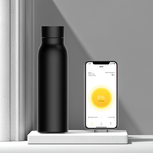 Smart drikkeflaske med temperaturdisplay og innebygd drikkealarm